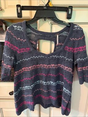 Free People Navy Knit Top with Pink & Light Blue Accent Stripes